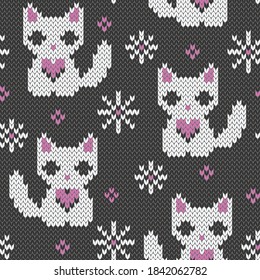 Cute Kitten knitted seamless pattern. Winter jacquard background with cats for socks design. Vector illustration.