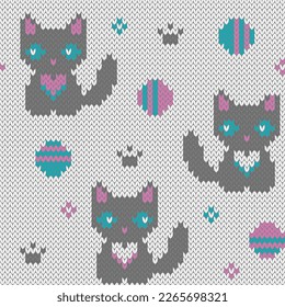 Cute kitten knitted seamless pattern for socks design. Winter jacquard background with toy cats ball game.