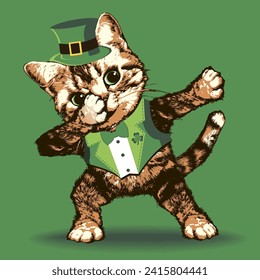 Cute kitten in leprechaun cap and vest making dab move.  St Patrick's day vector illustration.