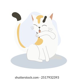 Cute kitten licking its arm for self-grooming,  cleanliness.  Adorable pet hygiene.