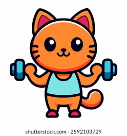 Cute Kitten Lifting Dumbbells, Fitness Themed line art on White background