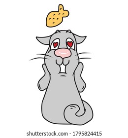 Cute kitten is in love with baked fish. Vector children's design for greeting cards, banners.Sticker