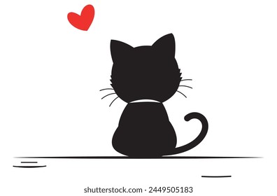 lindo gatito enamorado sentado y reflexivo en su espalda, silueta en blanco y negro sobre un fondo blanco ideal para la impresión, carteles, dedicatorias, etc.
