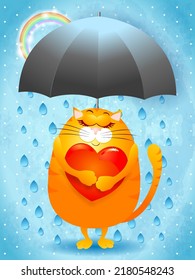 Cute kitten in love with umbrella, rain and rainbow. Vector illustration eps10