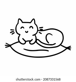 El gatito lindo está tirado en la almohada. Dibujando al gato al estilo de doodle. Icono del vector para la decoración de la postal.