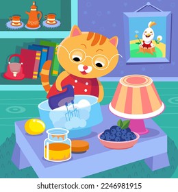 Cute kitten making cake, whipping cream with mixer. Cartoon cat character in kitchen. Animal scene for book design, games. Vector illustration.