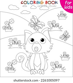 Cute kitten in the meadow. Coloring template for children. Vector illustration