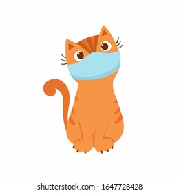 Un gatito con una máscara médica en la cara. El concepto de protección contra las enfermedades respiratorias, las alergias. Protección contra el coronavirus. Ilustración vectorial en fondo blanco.