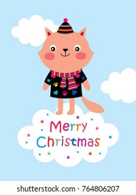 cute kitten merry christmas greeting card vector