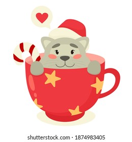 Cute kitten in a mug. Christmas theme, pet animal. Vector illustration in flat style.