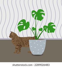 Cute kitten near a plant. Cat and houseplant in flat style illustration. Funny pets scene. Vector illustration