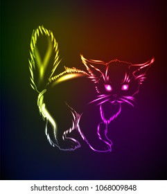 A cute kitten in a neon light. Vector illustration.