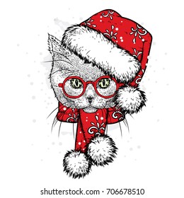 A cute kitten in a New Year hat and scarf. Vector illustration. Beautiful cat. Santa Claus. New Year's and Christmas.