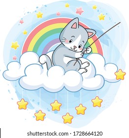 cute kitten on a cloud in a rainbow world fishing stars