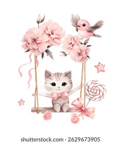 Cute Kitten on a Swing with Flowers and a Bird - Watercolor Illustration