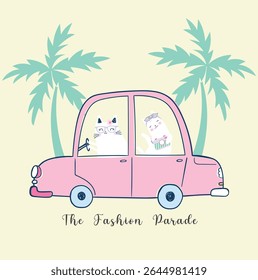 Cute kitten on vacay mood, on yellow base 2 cats on car going for vacation palm tree, childish apparel graphic, ceramic, mug, books, etc.