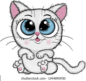 Cute Kitten on white background illustration vector. Hand drawn cat. Cartoon cat card. Cat sketch print design cat, children print on t-shirt. 