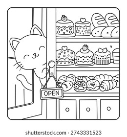 Cute Kitten Opening a Sweet Bakery – Kids Coloring Page Line Art