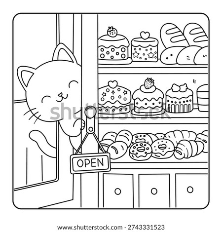 Cute Kitten Opening a Sweet Bakery – Kids Coloring Page Line Art