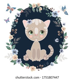 Un gatito lindo con un marco oval de flores y ramas sobre un fondo azul y mariposas alrededor