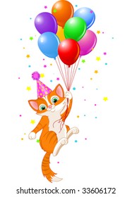 Cute Kitten with Party Hat Hanging from a Balloons