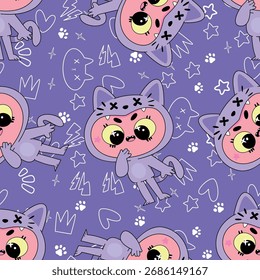 
Niedliches Kätzchenmuster für Kinder mit violettem Hintergrund und einigen nahtlosen Hintergrundaufklebern