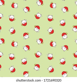 Cute kitten pattern. Illustration of a cute white kittens sitting in the red tea cups on a green background. Vector 8 EPS.