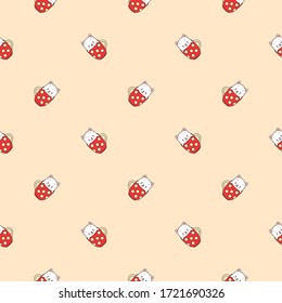 Cute kitten pattern. Illustration of a cute white kittens sitting in the red cups decorated with dots on a yellow 
background. Vector 8 EPS.