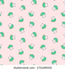 Cute kitten pattern. Illustration of a cute white kittens sitting in the green tea cups on a light pink background. 
Vector 8 EPS.