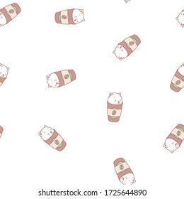 Cute kitten pattern. Illustration of cute white kittens sitting in paper coffee cups. Vector 8 EPS.