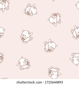 Cute kitten pattern. Illustration of cute white kittens sitting in tea cups decoraded with roses. Vector 8 EPS.