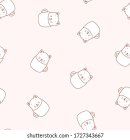 Cute kitten pattern. Illustration of cute white kittens sitting in white mugs on a light pink background. Vector 8 EPS.