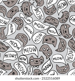 Cute kitten pattern, seamless vector pattern with cats saying meow and smiling, grey simple kids fashion in neutral colors