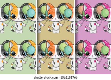 cute kitten pattern set. Design for party card, print, poster. Pet vector illustration.