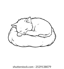 A cute kitten peacefully sleeping on a comfy bed. This charming coloring page is perfect for kids and cat lovers, offering a calming and creative activity