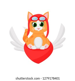 Cute kitten pilot flying on red heart with wings. Cartoon character, red heart, wing. Valentines day concept. Can be used for topics like holiday, love, romance