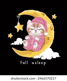 cute kitten in pink pajamas sleeping on the moon hand drawn vector illustration