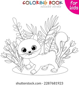 Cute kitten and plants. Coloring book page template for children.