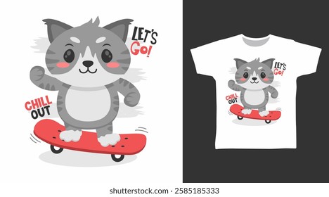 Cute kitten play skateboard hand drawn, vector ready for print on t shirt and other uses.