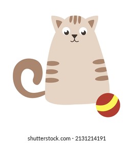 A cute kitten playing with a ball of thread on a white background. A pet cat on a white background. A vector illustration with a brown cat in the style of a cartoon.