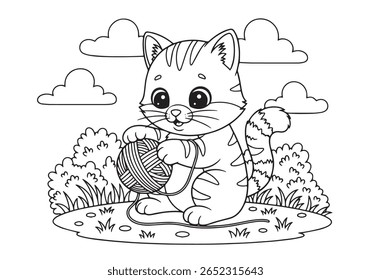 Gatinho bonito brincando com uma bola de fio, gato de desenhos animados adorável em um cenário gramado com arbustos e nuvens - página de coloração. Ilustração de vetor