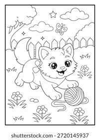 Gatinho bonito brincando com uma bola de fio em um jardim. Página de coloração divertida para crianças. atividades pré-escolares, planilhas imprimíveis e materiais educacionais.