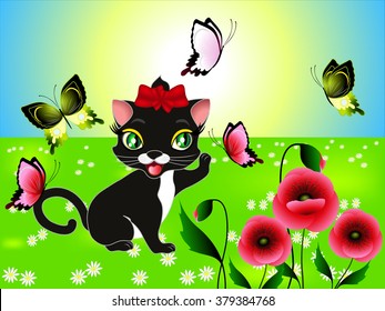 Cute kitten playing with butterflies in the meadow. svg
