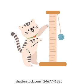 Cute kitten playing cat scratcher. Flat cartoon style vector illustration isolated on white background