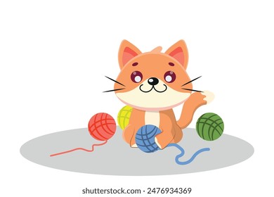 cute kitten playing with colorful wool balls, vector illustration white background