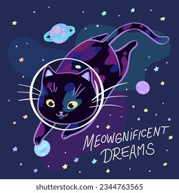 Cute kitten playing in dreamy starry space. Meowgnificent dreams handwritten lettering