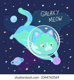 Cute kitten playing in dreamy starry space. Galaxy meow handwritten lettering