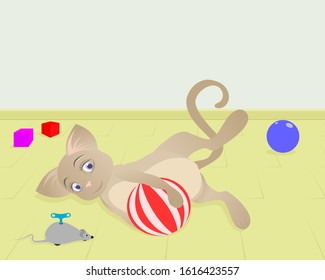 cute kitten playing on the floor with a balloon and has around it his favorite toy mouse and dice.Vector illustration