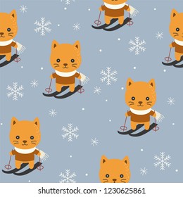 cute kitten playing ski. Christmas seamless pattern theme, for use as wallpaper or wrapping paper gift
