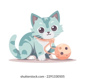 Cute kitten playing with toy ball icon isolated